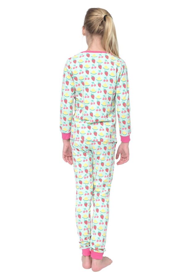 Back side- lichtgroene kinderpyjama met roze borders en broekzakken