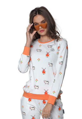 Pyjama dames met oranje randen, katoenen pyjama