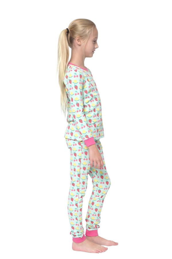 Right side- kinderpyjama meisje lichtgroen happy fruit met kersen, aardbei en meloen print