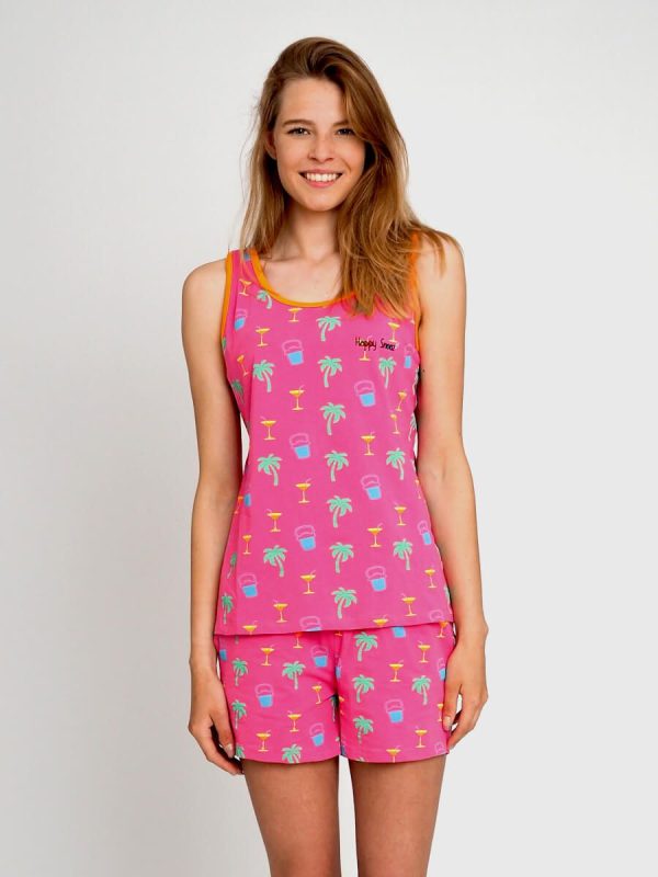 Roze dames shortama met top, oranje accenten. Palmbomen, lantaars en cocktails