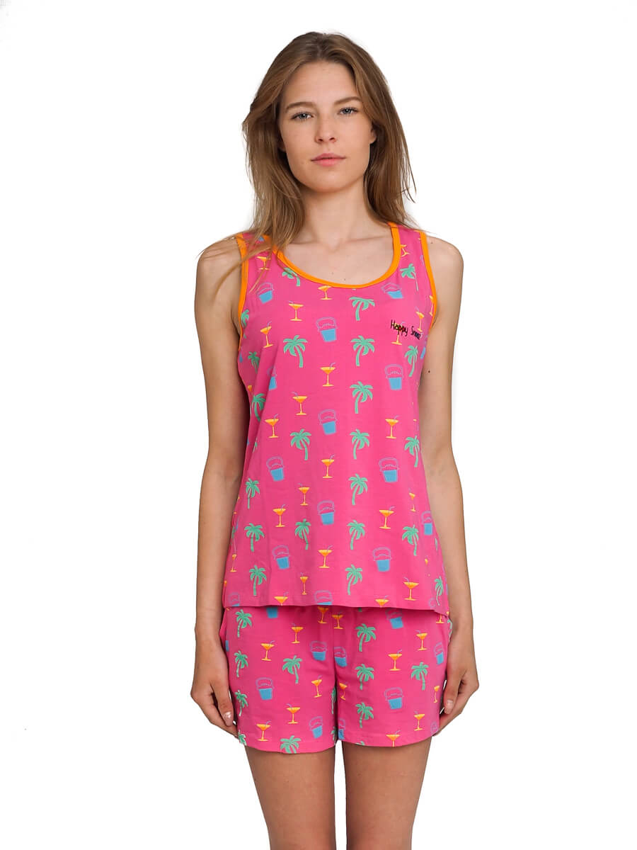 Dames shortama top, oranje boord - front side