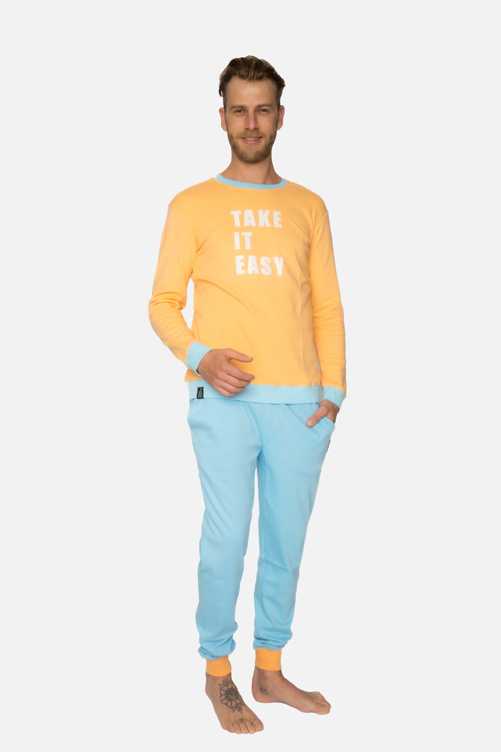 Volledige pyjama - take it easy - oranje met lichtblauwe pyjamabroek